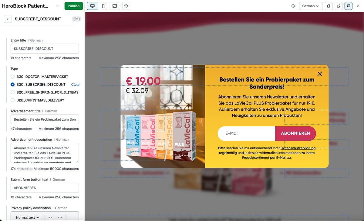 Contentful CMS interface configuring a subscription discount pop-up, with structured fields on the left and live preview of the promotional modal with price, product image, email field, and “Abonnieren” button on the right.