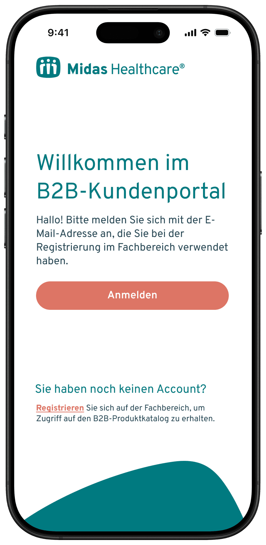 Mobile login screen of the Midas Healthcare B2B customer portal showing a welcome message, sign-in button, and registration link for business users.