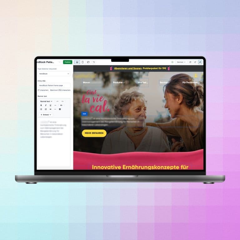 Headless CMS interface (Contentful) displayed on a laptop screen, showing live editing of a healthcare brand homepage hero section with inline content editing, preview mode, and structured content fields for a custom Next.js eCommerce website.