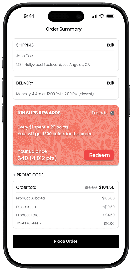 Mobile checkout with loyalty rewards and promo codes — D2C order summary screen embedded in brand website via JavaScript widget