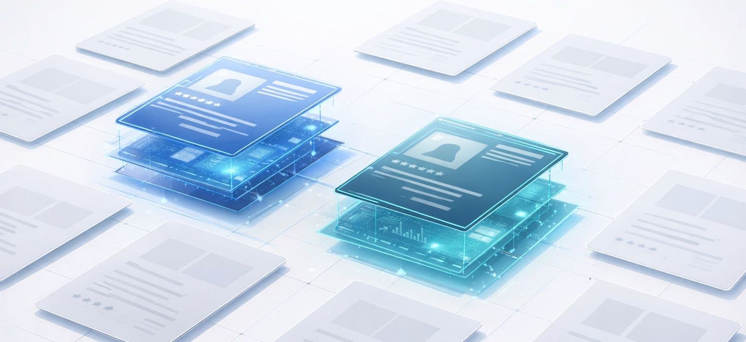 Two ecommerce product cards with visible structured data layers beneath them, surrounded by undetected grey cards — illustrating the difference between agent-visible and agent-invisible stores