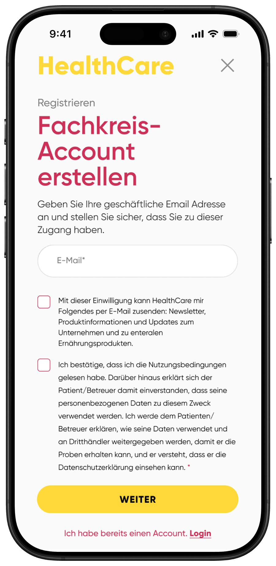 Healthcare app screen with "Fachkreis-Account" signup form, email input, consent options, and "Weiter" button