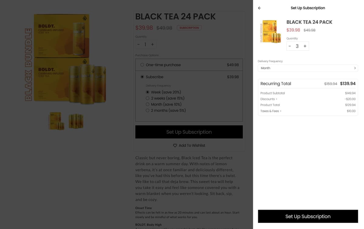 Embedded cart widget with subscription setup — D2C checkout flow integrated into brand website for regulated cannabis beverage brand