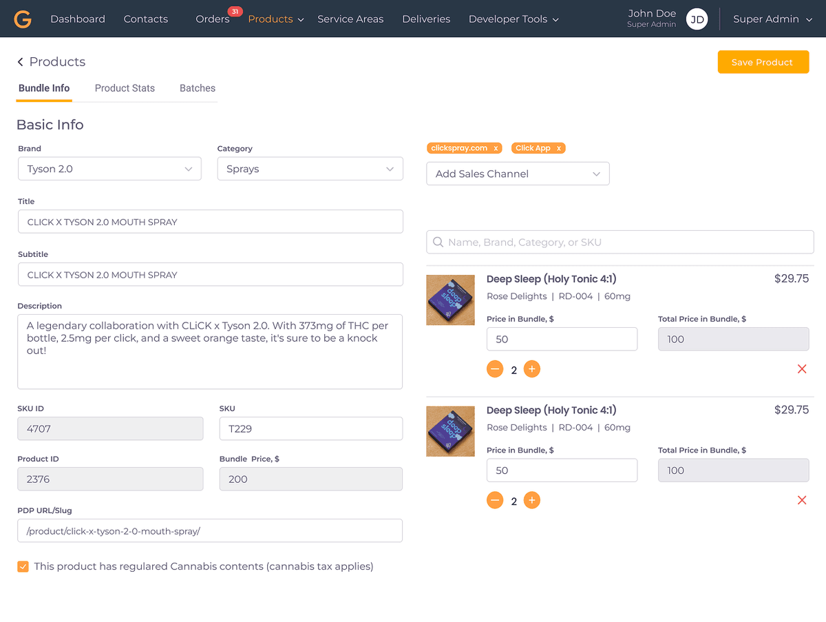 Custom admin panel for regulated D2C platform — product catalog management with multi-brand support, bundle pricing, and sales channel configuration