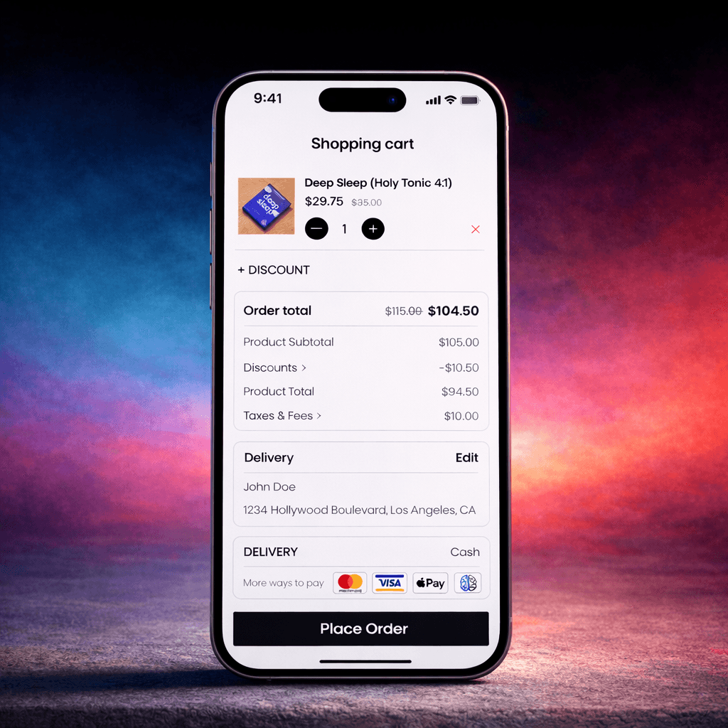 Mobile shopping cart widget embedded in brand website – D2C ecommerce checkout with discount, delivery, and payment options