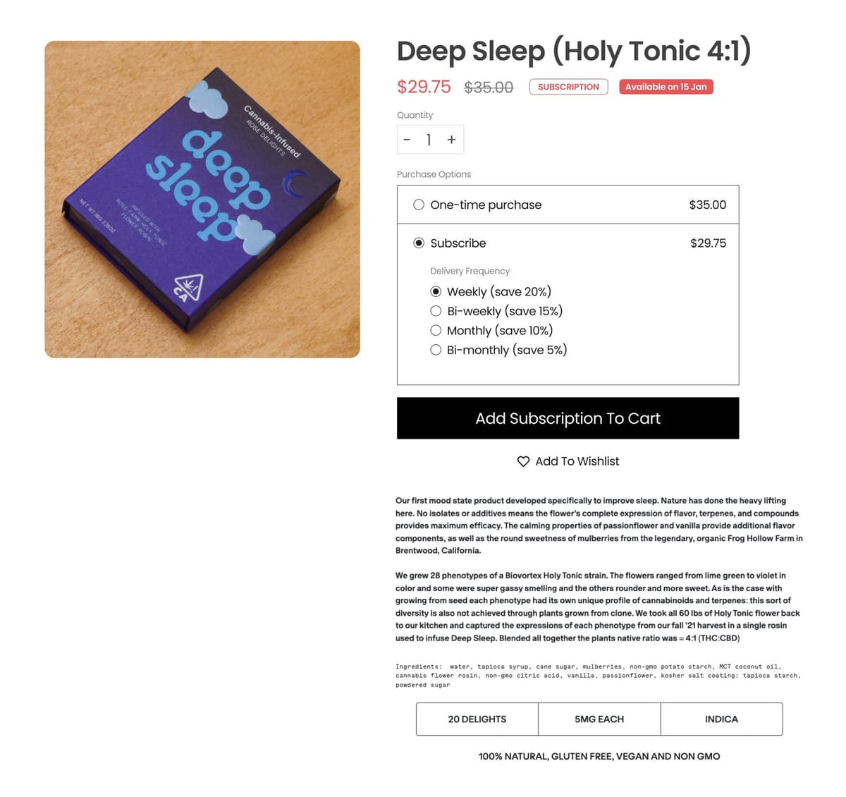 D2C product page with subscription purchasing options — cannabis-infused edibles sold directly through brand website via embedded ecommerce widget