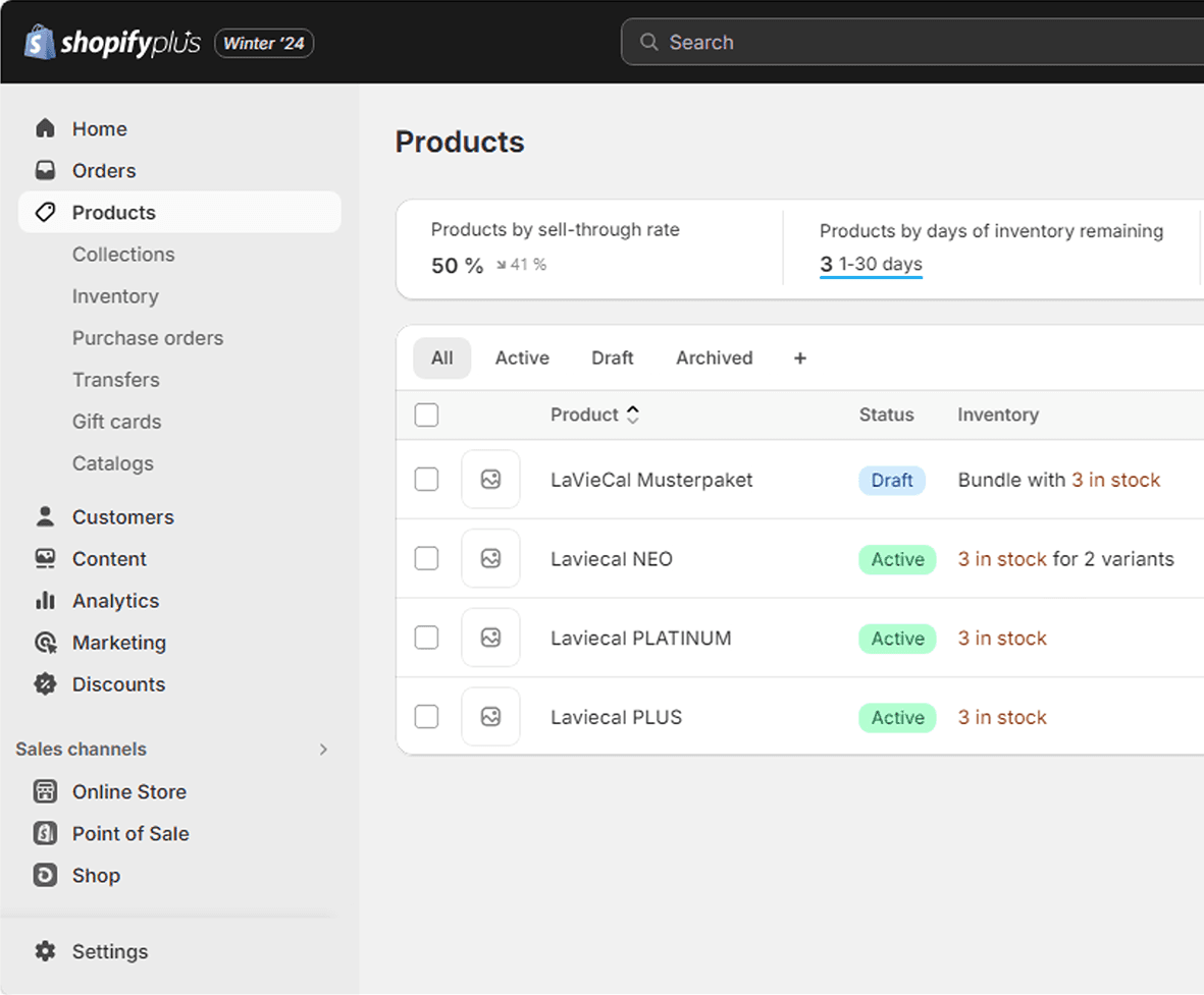 Shopify Plus admin dashboard showing the Products section with a list of active and draft products, inventory status, stock levels, and product management navigation in the left sidebar.