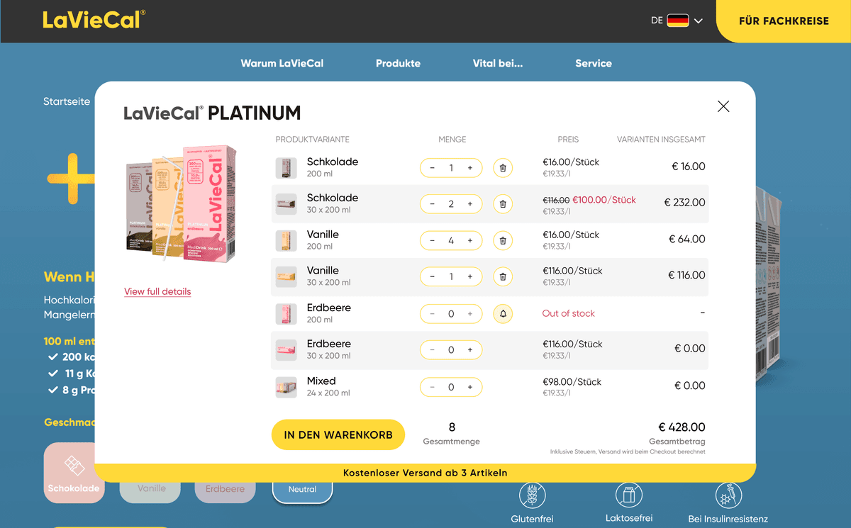 Product selection modal for LaVieCal Platinum showing multiple flavor variants, quantity selectors, pricing per unit, stock availability, and total cart value before adding items to the cart.