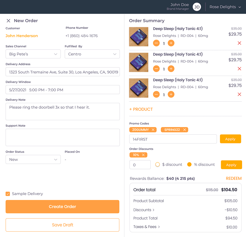 Admin panel order management — manual order creation with delivery scheduling, promo codes, loyalty rewards, and multi-brand fulfillment for a regulated D2C platform